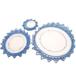 12 PCS Doilies Crochet Round Lace Blue Handmade Table Placemat Cotton Coasters